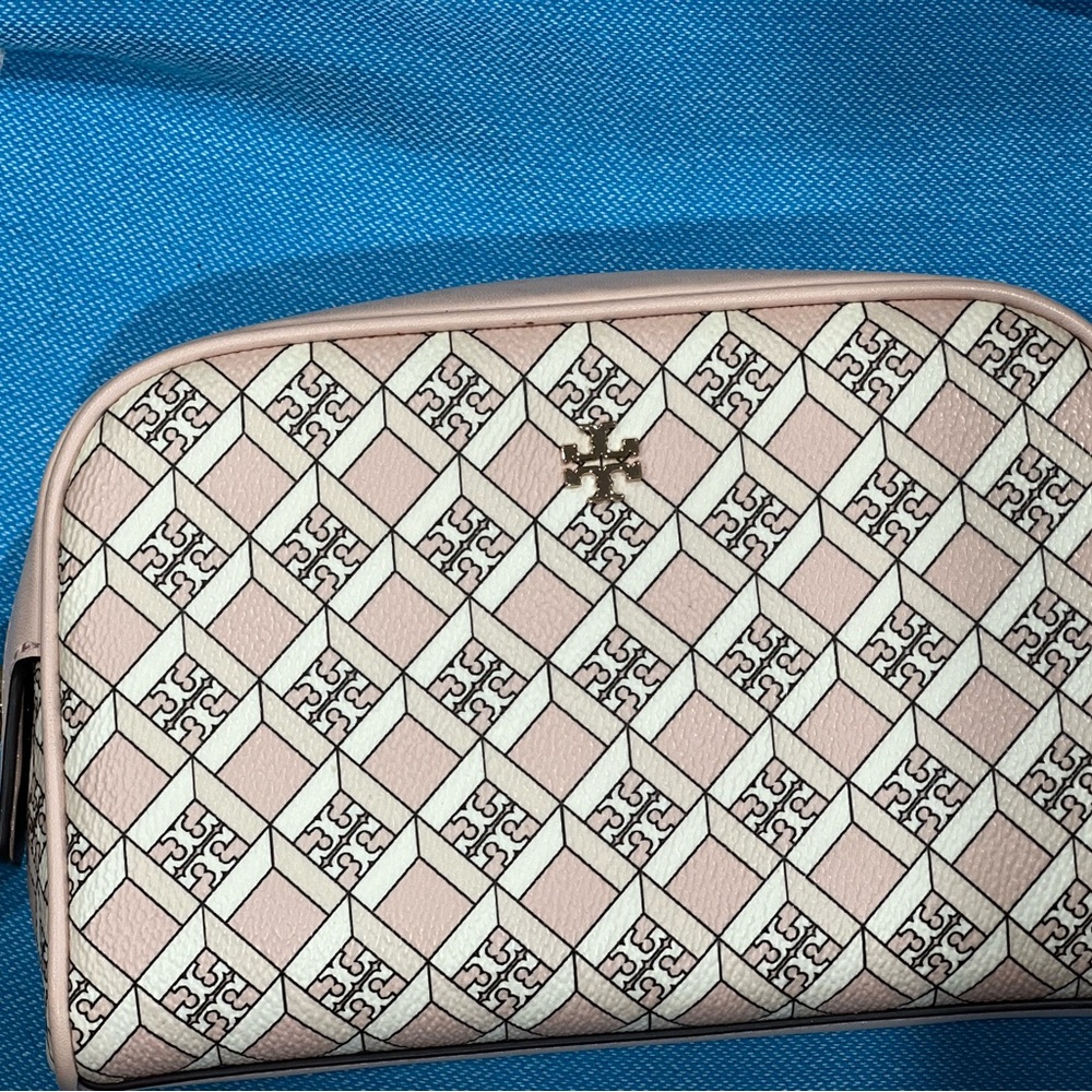 Tory Burch Geometric Pink and Cream Cosmetic Bag